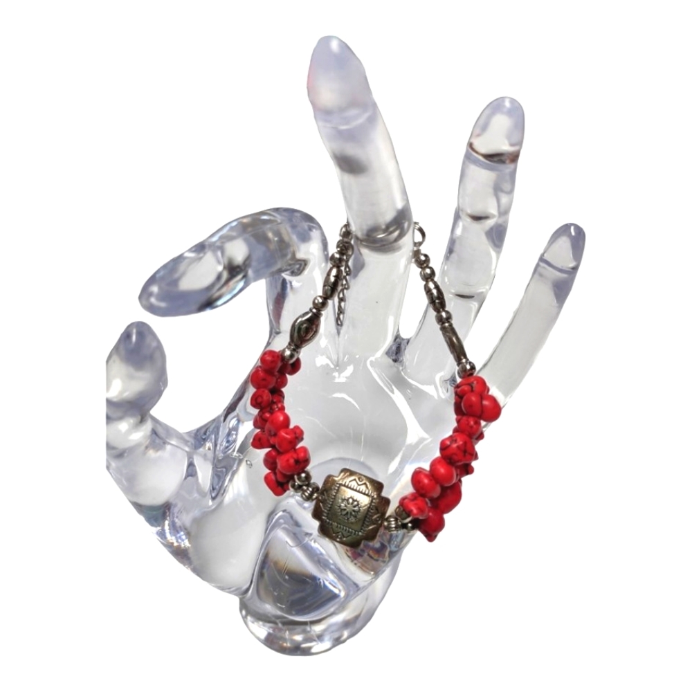 Southwestern Style Red and Silver Tone Bracelet Or Craft Charm Accent